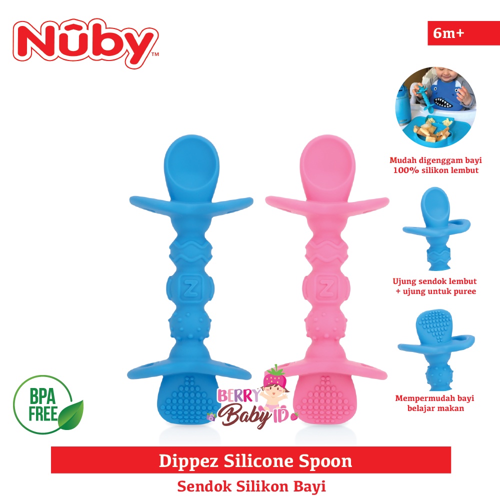 Nuby Dipeez Silicone Self Feeding Spoon Sendok Silikon Teether Bayi Berry Mart