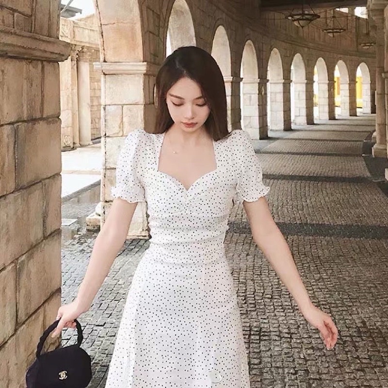 D125 - Korean Vintage Dress Motif Polkadot / Korean Midi dress Import-Putih