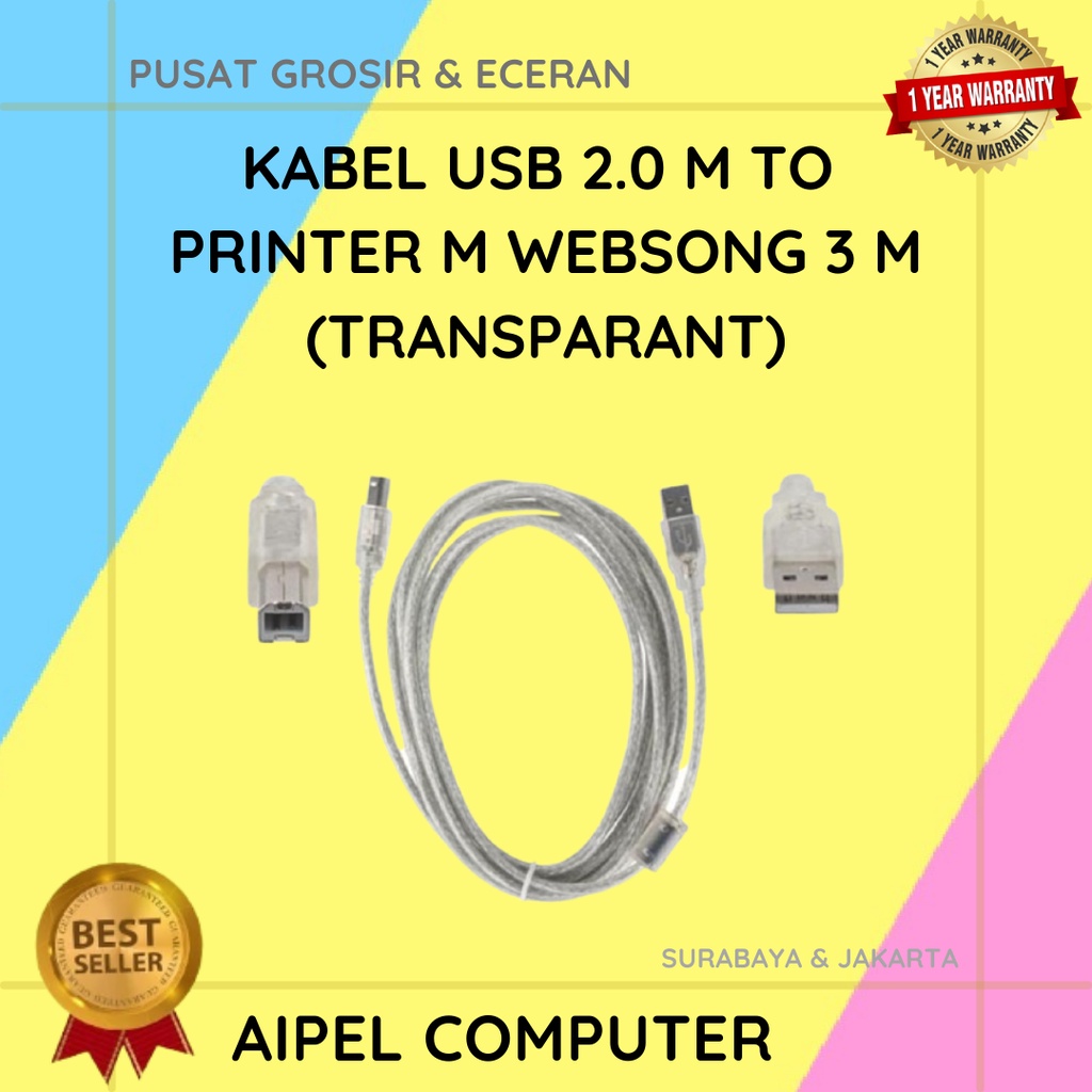 ABW3 | KABEL USB 2.0 MALE TO PRINTER MALE WEBSONG 3 M (TRANSPARANT)