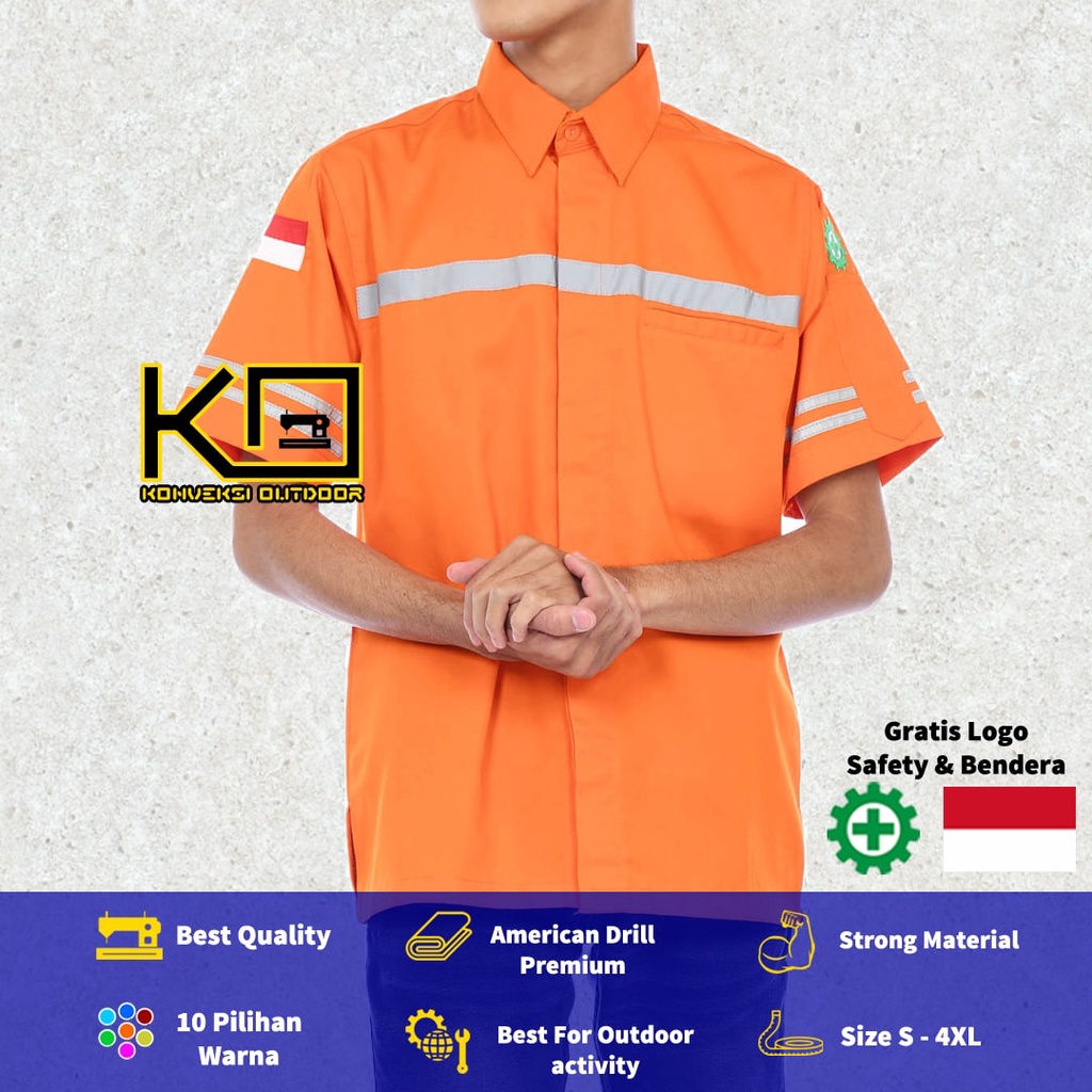 KEMEJA WEARPACK BAJU SAFETY K3 OUTDOOR INDOOR - Seragam Kemeja Kerja Lapangan Lengan Pendek Proyek Bangunan Tambang Alat Berat PLN Enginer Instalasi Mesin werpek sefti Scotlit Warna Orange Konveksi Outdoor