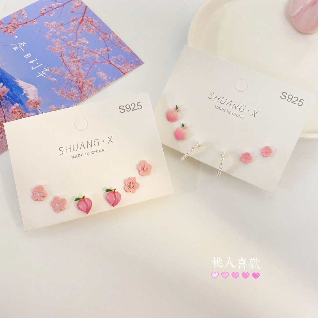 Set Anting Stud Desain Bunga Tulip Cherry Peach Aksen Mutiara Untuk Wanita