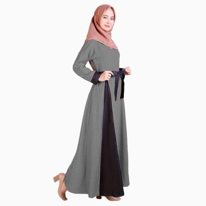 Long Dress Gamis maxi Wanita Muslim kombinasi warna - [Abu tua]