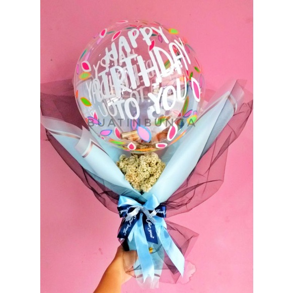 Buket Balon Happy Birthday Bunga Edelweiss Uang Bunga Kering Balloon Flowers Money Bouquet Dried Flo