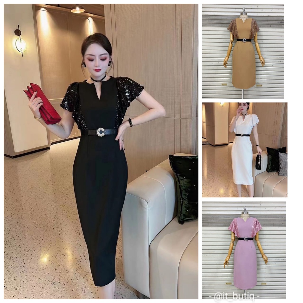 MidiDress Hitam Coklat Putih Pink - Dress Midi Premium WS08