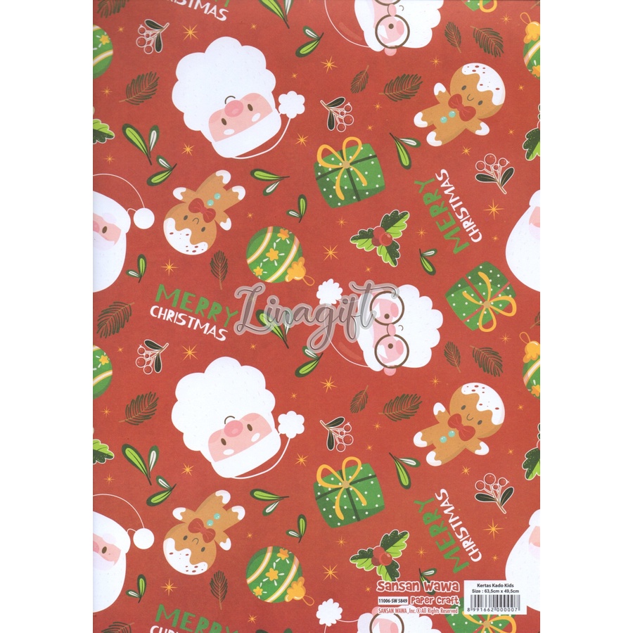 ( 5 Lembar ) XMAS SANWA - KERTAS KADO NATAL / CHRISTMAS / KADO / GIFT WRAP PAPER SANSAN WAWA SANTA / SNOWMAN / POHON NATAL / RED / GREEN / GOLD