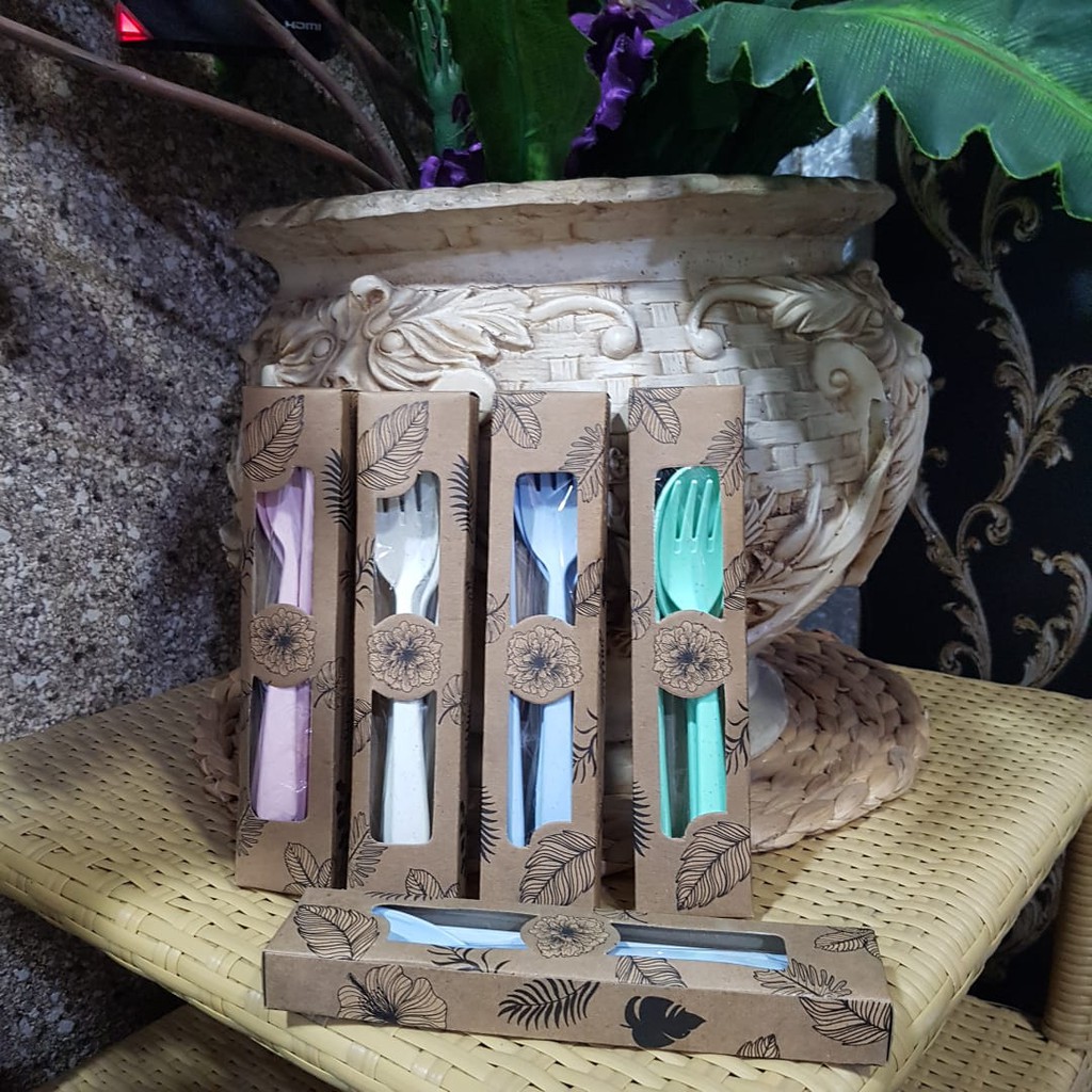 Grosir Souvenir Termurah  50 Pcs Sendok  Set Jerami Import  Packing Dus Motif Daun Cantik FREE BUBBL