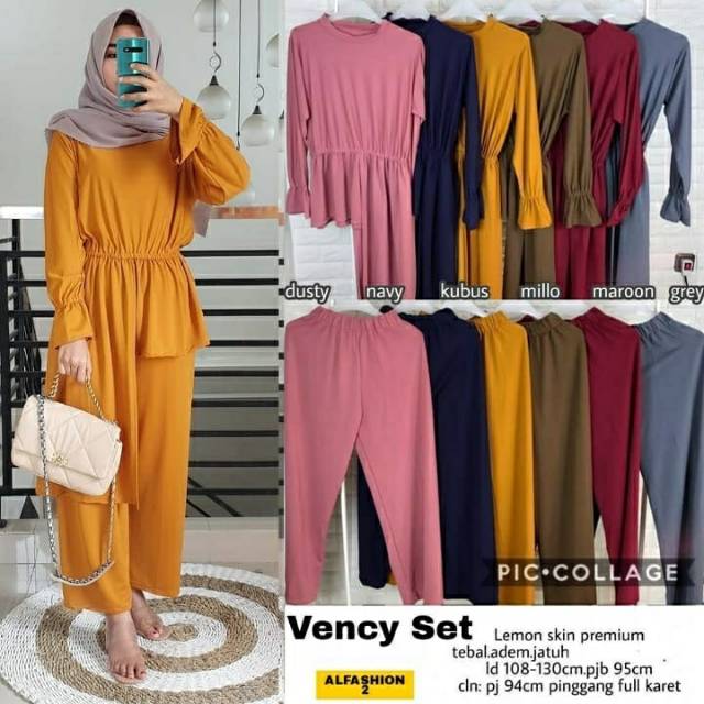 Vency Set, set, SETELAN TUNIK WANITA MUSLIM CANTIK POLOS BAHAN LEMON SKIN PREMIUM TERMURAH JUMBO OOTD