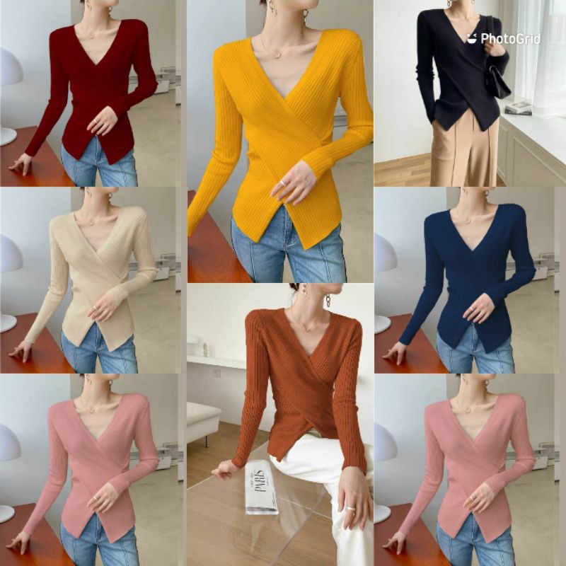 ATASAN RAJUT WANITA LENGAN PANJANG KERAH VNECK BAJU RAJUT SEXY TOP GRETA 12