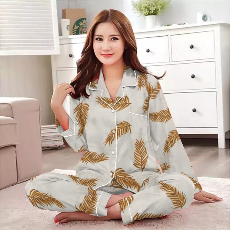piyama setelan lengan panjang/baju tidur wanita terbaru/setelan wanita katun-Pp daun yelow
