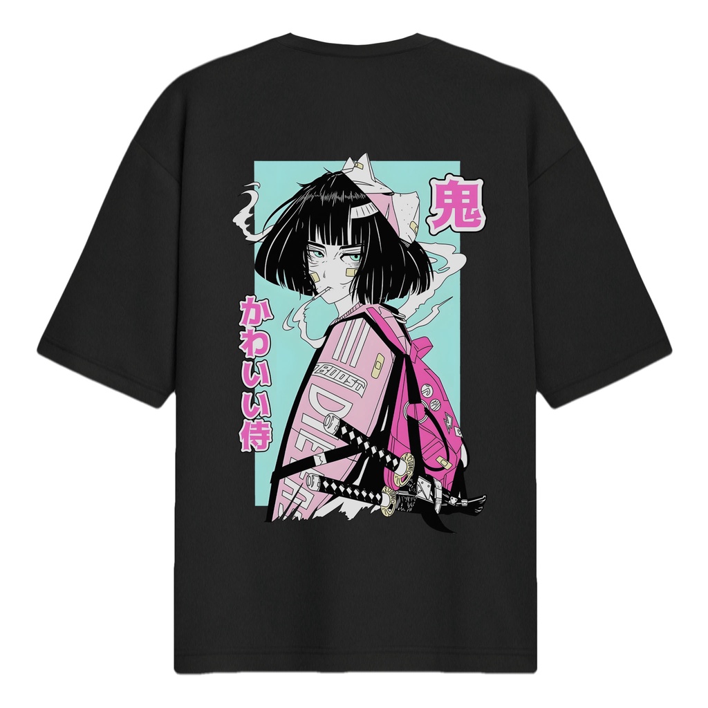 Surfinclo Oversized T-Shirt Anime Samurai Woman Black Streetwear Premium Cotton 24s