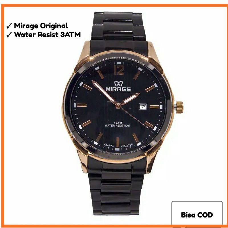 Jam Tangan Pria Tahan Air Mirage Original Black Waterresist 30 Meter Rantai Stainless Hitam