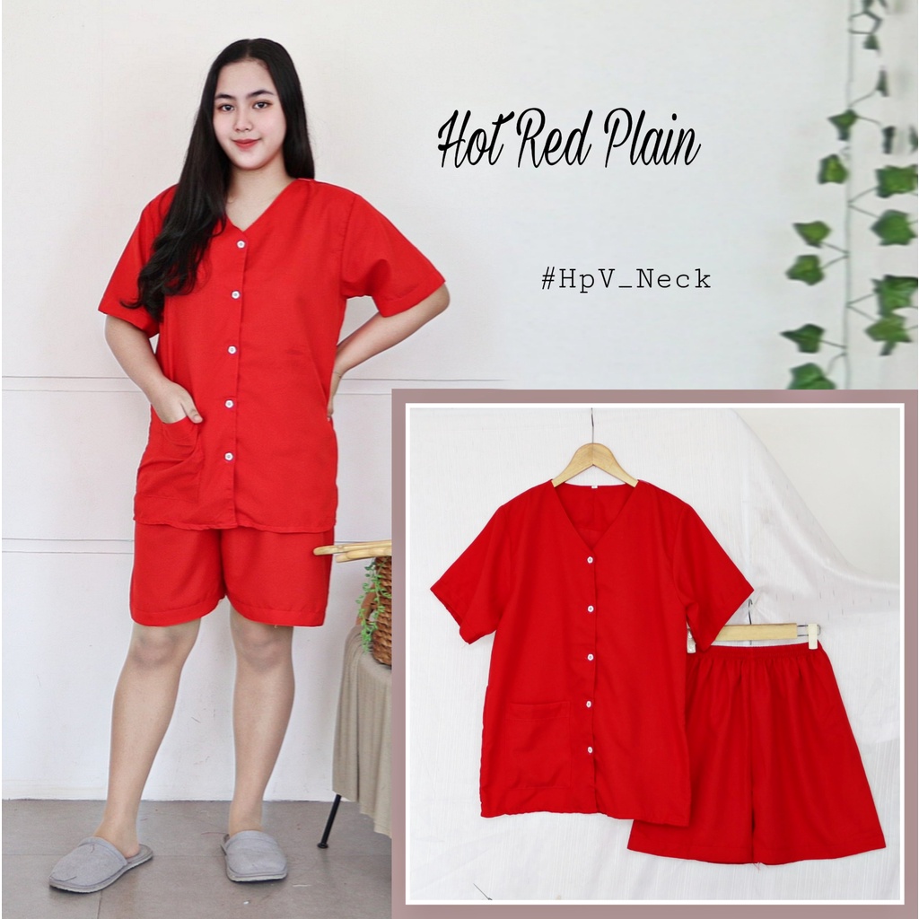 IZANY Piyama Dewasa Hotpant V Neck all size  / HP Celana Pendek  PLAIN Polos-HOT RED PLAIN