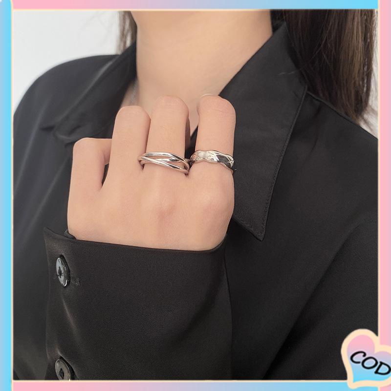 COD❤️ Fashion Wanita Kepribadian Desain Relung Yang Dapat Disesuaikan Cincin Sederhana Dua Lapisan Cross Set-A.one