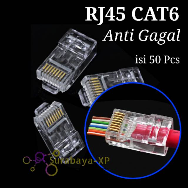 Konektor RJ45 CAT6 Anti gagal 50Pcs Jack Connector kabel lan CAT 6 EZ