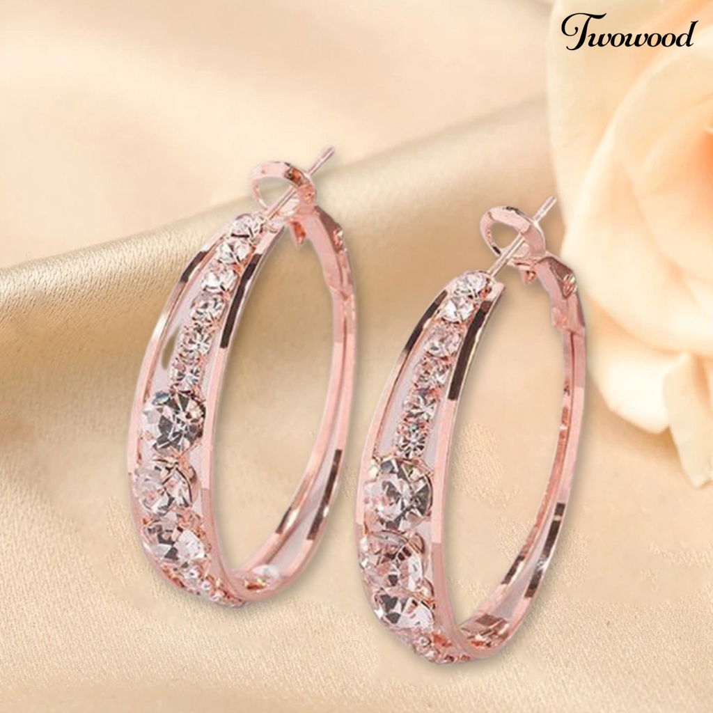 1 Pasang Anting Hoop Berlian Imitasi Bentuk Lingkaran Warna Rose Gold Untuk Wanita