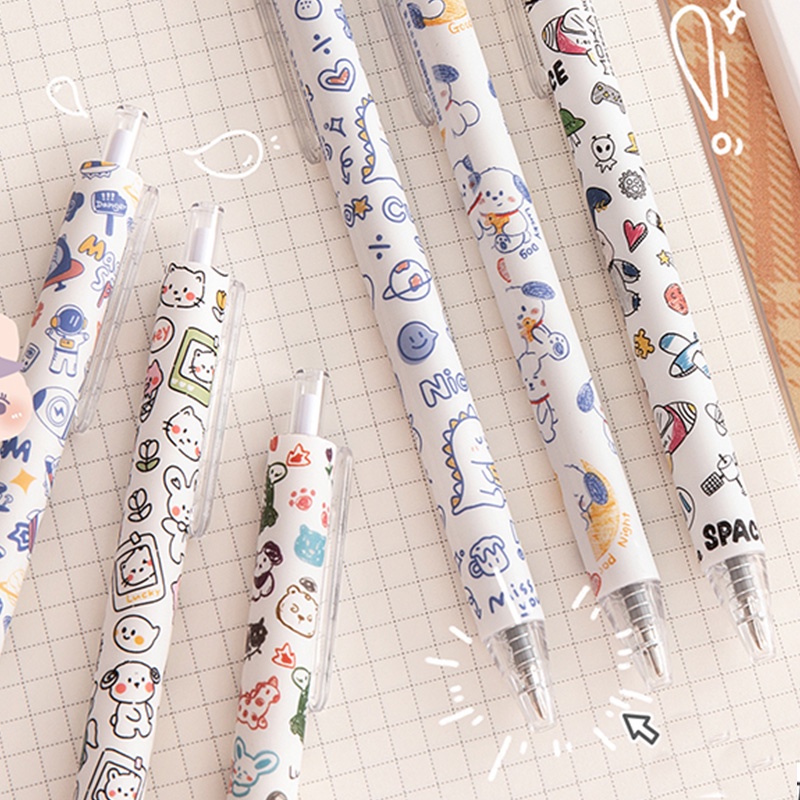 6pcs Pulpen Gel Tinta Hitam 0.5mm Retractable Desain Kartun Doodle