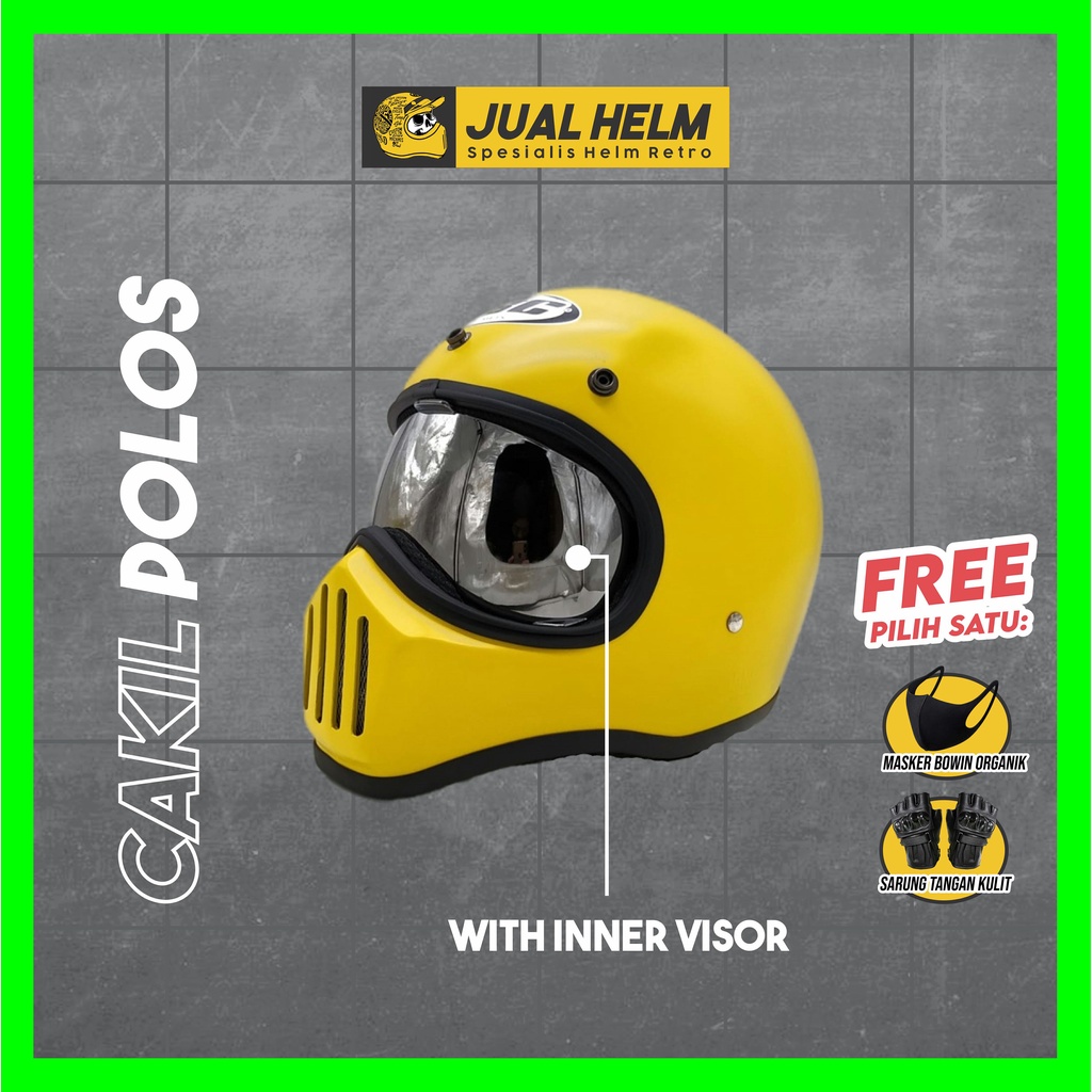 Helm Cakil HBC Polos Yellow Doff + Inner Visor ( Fullface / Retro / Klasik / Vespa )