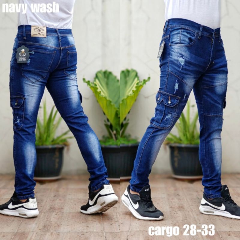 Celana Cargo Jeans Panjang Pria Skiny Kargo Cowok Slim Fit Kantong Samping Navi Bioblit Rentro Original Size 28 Sampai 33 JU47