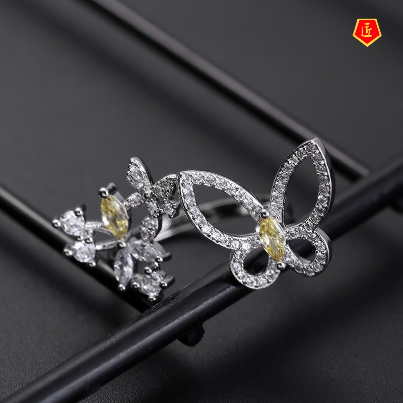 [Ready Stock]S925 Silver Personality Butterfly Opening Ring Yellow Diamond Fashion