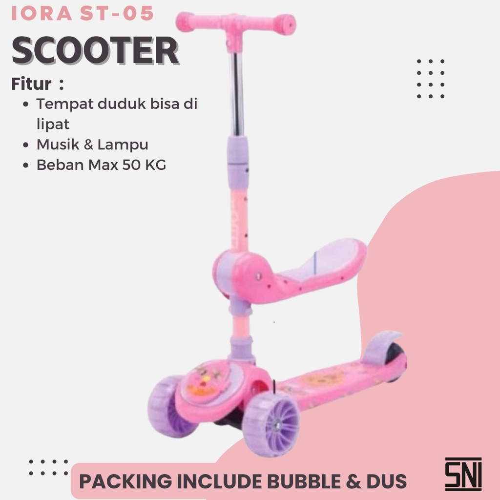 Premium Skuter Lipat Scooter Otopet Anak IORA ST05 Roda Tiga Dudukan Lampu Musik