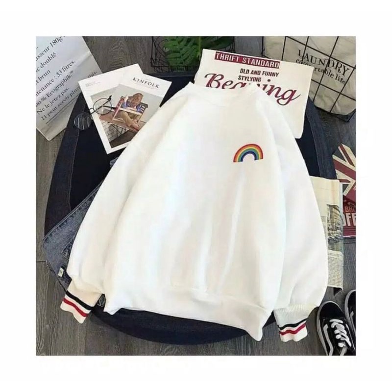 SWEATER CREWNECK PELANGI PUTIH/WHITE LUCU KEREN MURAH