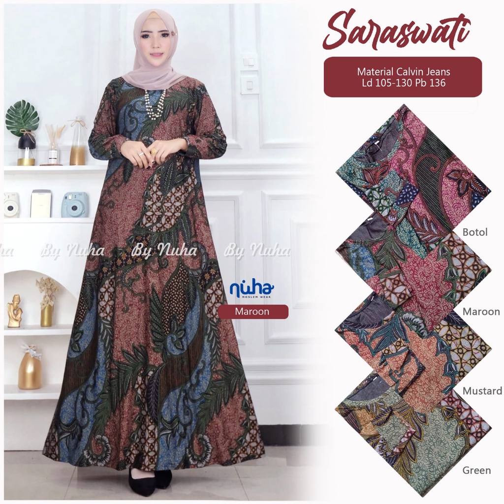 Saraswati Gamis Calvin Jeans Motif Batik Jumbo Ld120 Ld 130 Gamis Harian Wanita Big Size XXXL Terbar