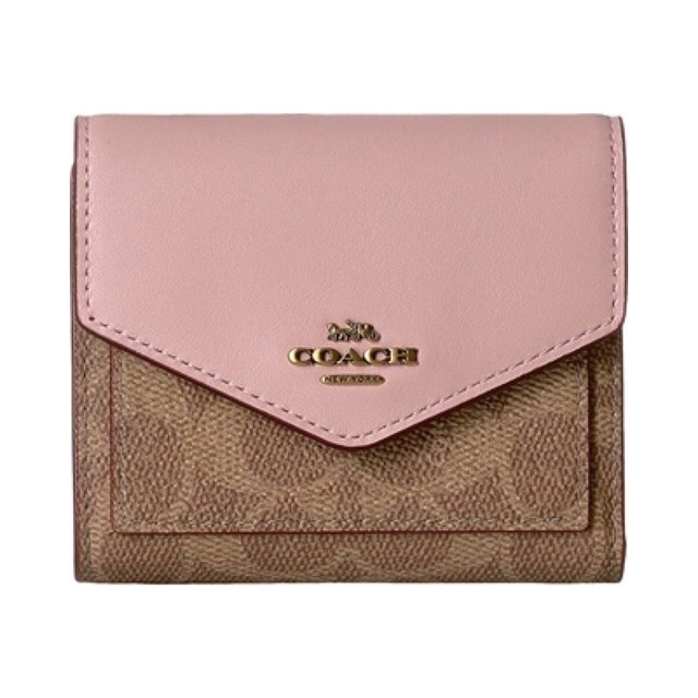 Coach Small Wallet In Signature Canvas With Floral Bow Brown Pink Signature(67246)