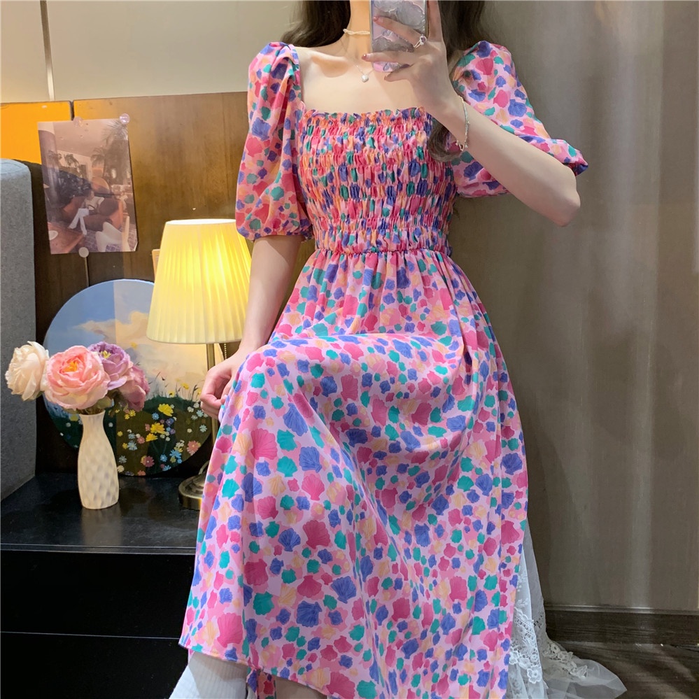 2022 New Fashion Korean Style Chiffon Floral Print Casual Midi Dress Pink Blue Summer Short Sleeve Sexy Off Shoulder Women Beach Bali Dresses 2023t