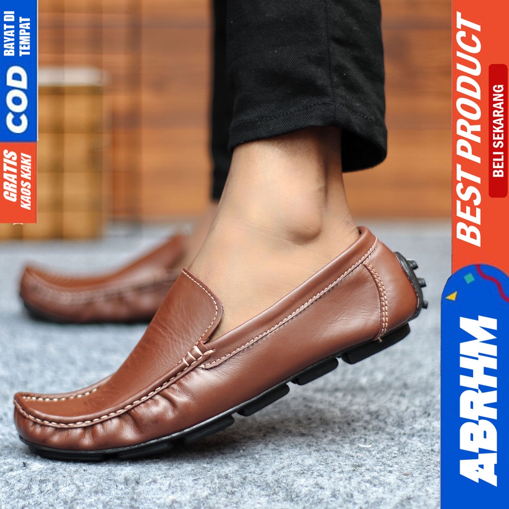 Sepatu Casual Pria Slip On Slop Selop Pansus Santai Kulit Asli Kerja Kantor Kulit Kondangan Hitam Polos Fashion shoes Terbaru Original Murah Kekinian Cowok GENIO ABRHM