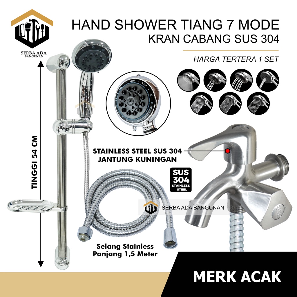 HAND SHOWER TIANG SET + KRAN CABANG PERLENGKAPAN MANDI FULL SET SILVER 6 PCS - STANDING KAMAR MANDI SUPER CAKEP