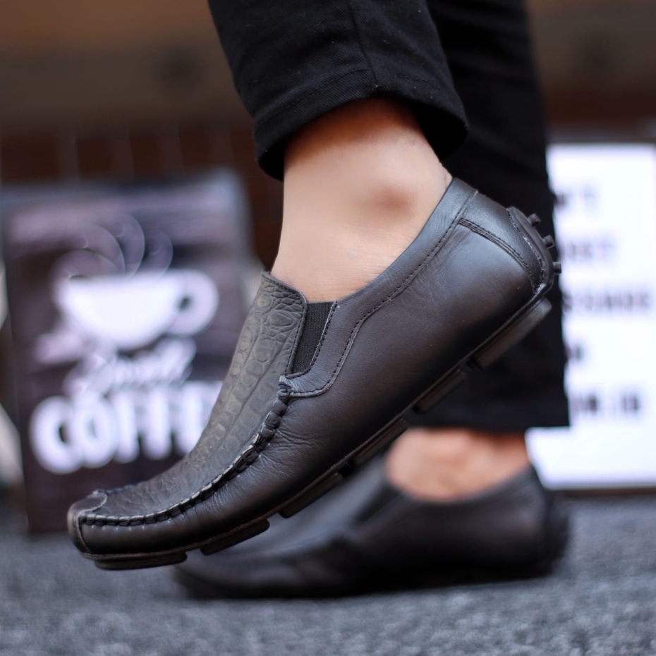 Abraham Asbul - Sepatu Casual Slip On Pria Kulit Asli Kerja Kantor Hitam