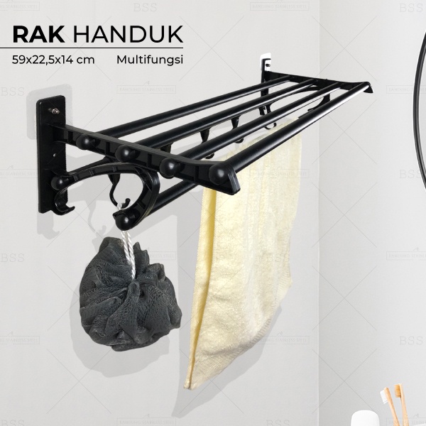 Rak Handuk 4 Baris Hitam Minimalis Gantungan Multifungsi Stainless ABS Murah