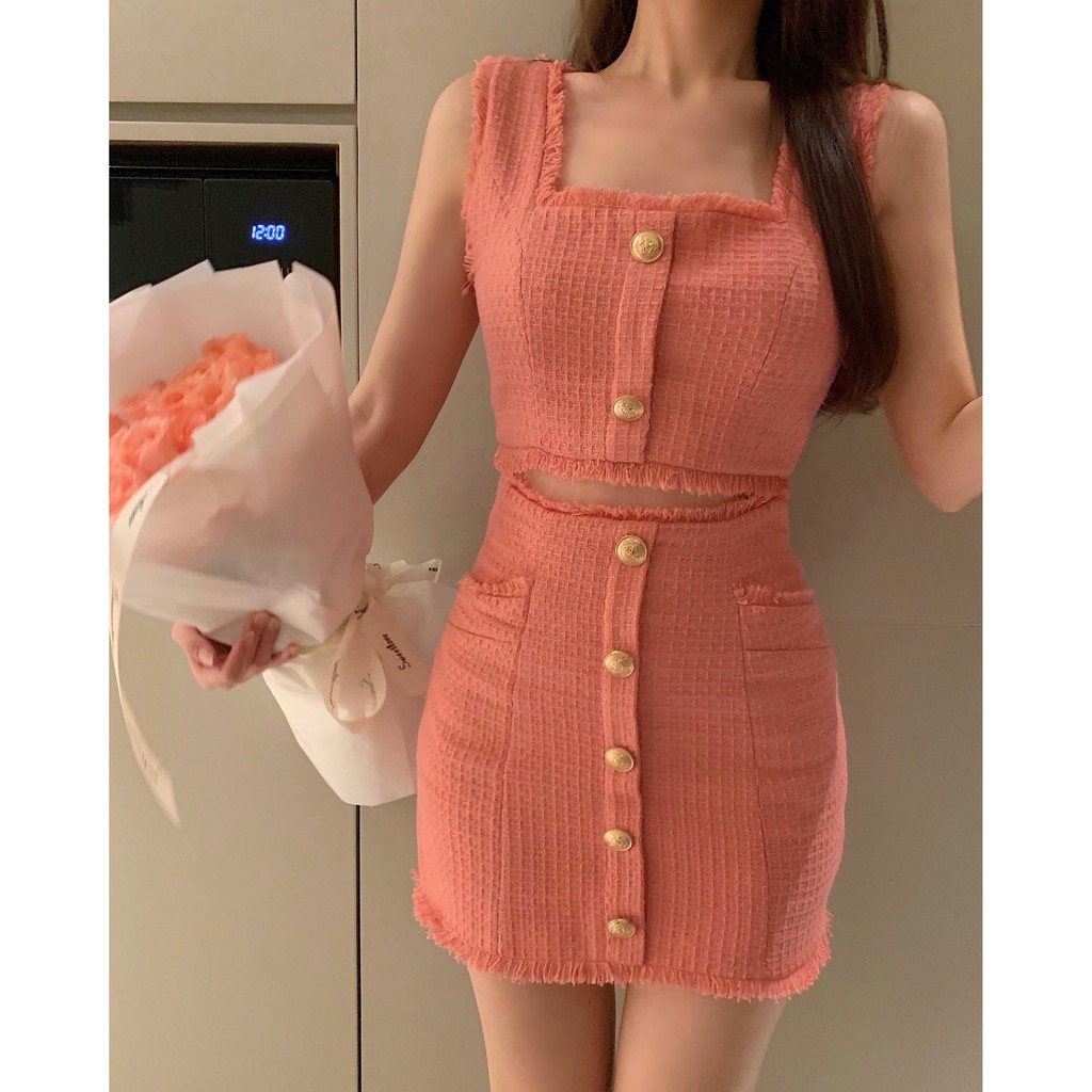 Suhao Musim Panas Baru Imperial Suster Xiao Fragrance Chic Set Perancis Retro Xiao Zhong Tea Break Balon Bunga String Dress