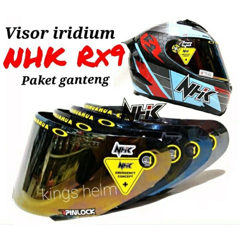 Paket flat visor NHK Rx9/GM Race pro  iridium + spoiler + top / post + sticker husus kaca + spoiler helm NHK Rx9 GM Race pro