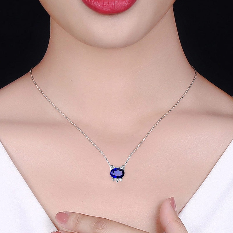 [Ready Stock]Fashion Inlaid Colorful Gem Cat Pendant Cute Necklace
