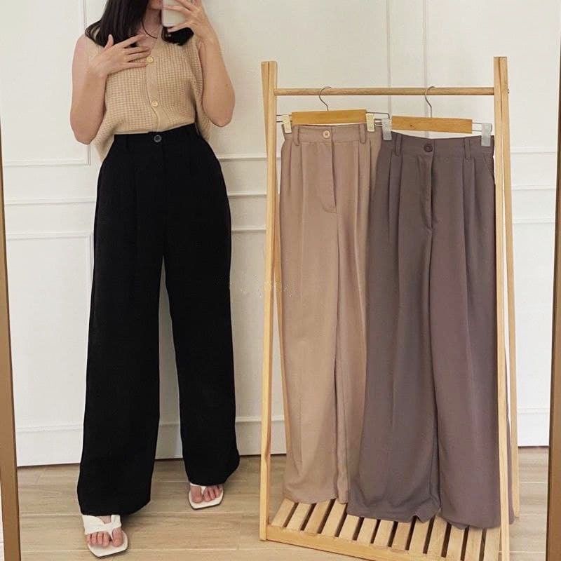 Celana Kulot Crinkle Highwaist Wanita Loose Cullote Pants Kancing