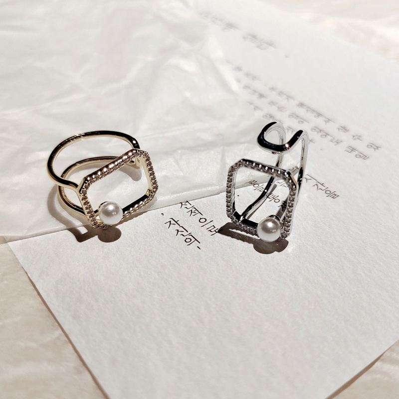 Cincin Model Terbuka Adjustable Bentuk Kotak Hias Mutiara Dan Zircon Gaya Retro