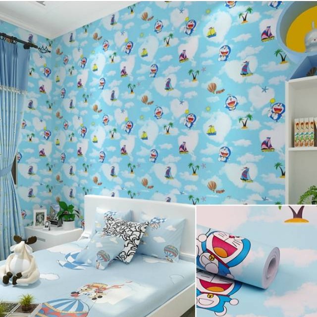 Wallpaper Dinding Kamar Tidur Motif Doraemon Awan Pantai