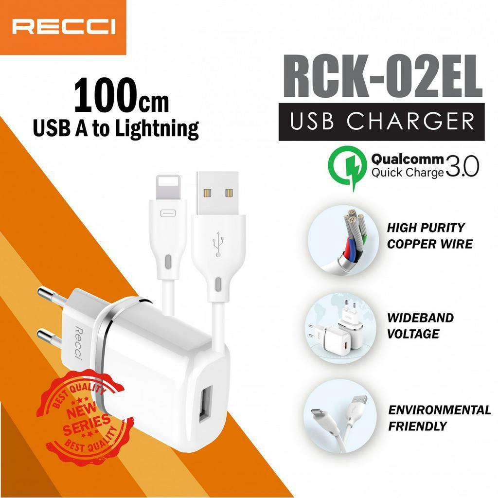 RECCI RCK-02EL - Travel Charger Single USB Charger Combo Kit with Lightning Charging Cable