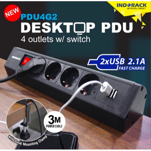 INDORACK Power Distribution Unit Desktop 4 Outlet With 2 Port USB 2.0 - PDU4G2