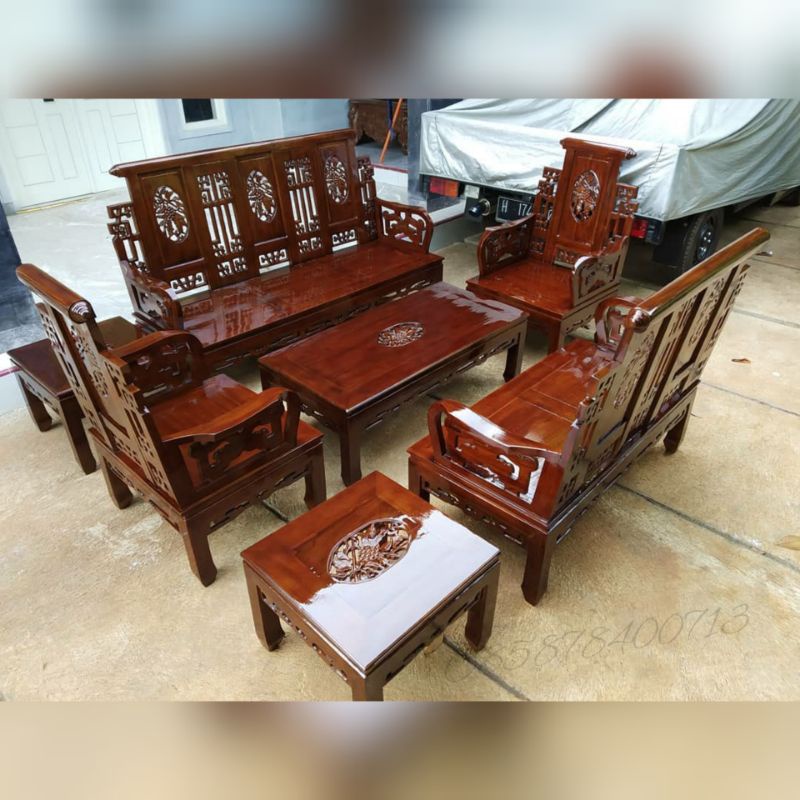 set kursi tamu 3211 + meja + puk Full Kayu Jati meja kursi tamu minimalis