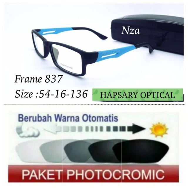 Frame Kacamata Pria Sporty 837 + Lensa Photocromic ( Lensa Otomatis Berubah Warna ) Kacamata Minus