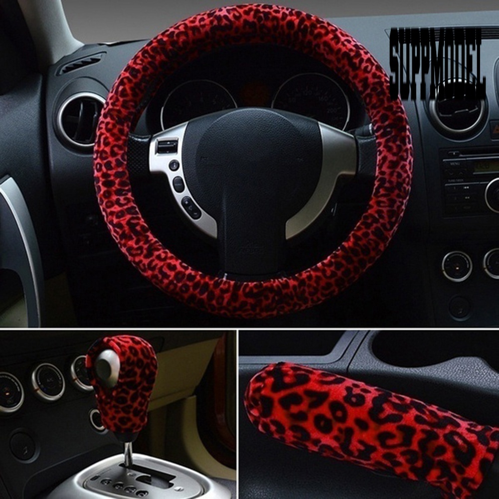 3pcs / Set Cover Stir / Rem Tangan / Persneling Mobil Motif Print Leopard 38cm Untuk Musim Dingin