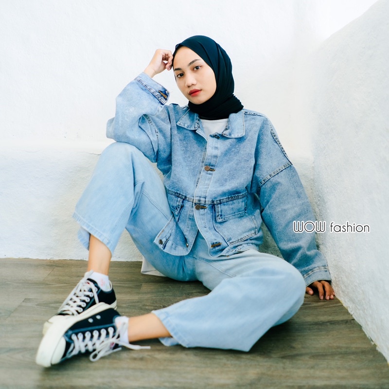 WOW-Flo Namira Jaket Jeans Oversize // Jaket Jeans Wanita // Jaket Jeans Panjang