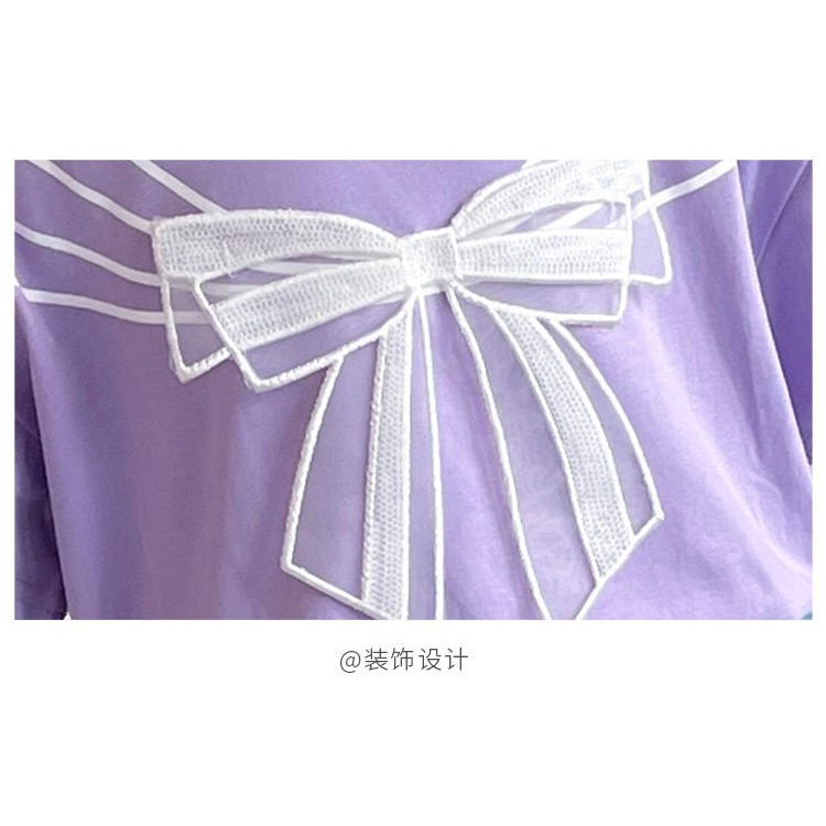 KF CAT Setelan Anak Perempuan Kaos Lengan Pendek +Rok Jeans Motif Pita 2IN1 Cotton Import Korea Style-6