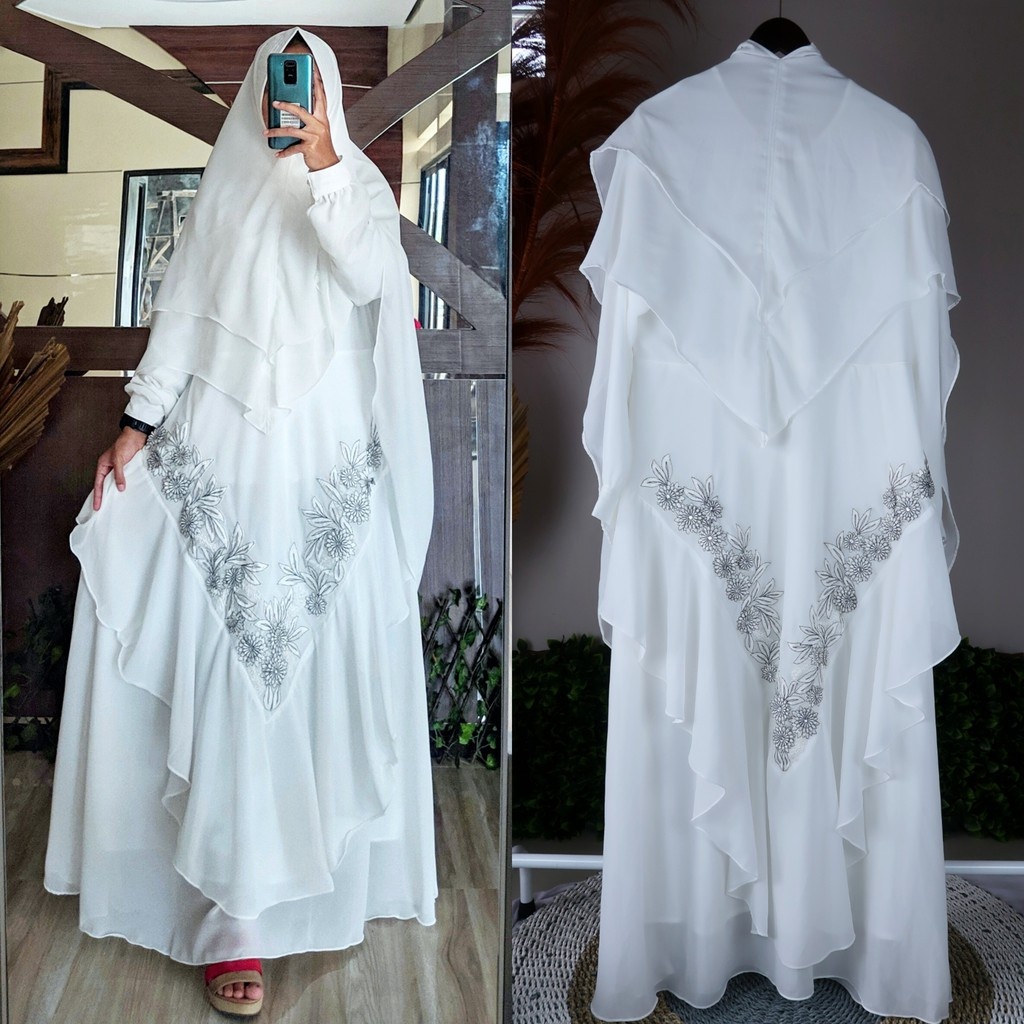 Gamis Syari Ceruty Bordir Pesta Mewah Ibu Ibu Jumbo LD 120 124 Busana Muslim Set Khimar Putih BW-Putih BW matahari
