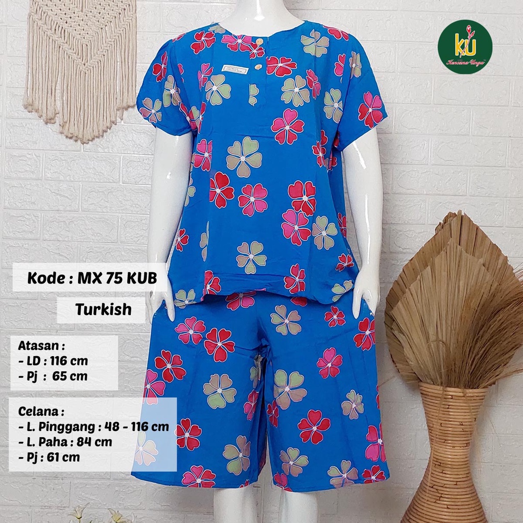 Bisa COD MX75 KUB | Setelan Kulot Celana Pendek Batik Kencana Ungu Asli Label Biru | Baju Santai Piyama Tidur Wanita Kancing Depan Busui Friendly Motif Terbaru-Turkish D