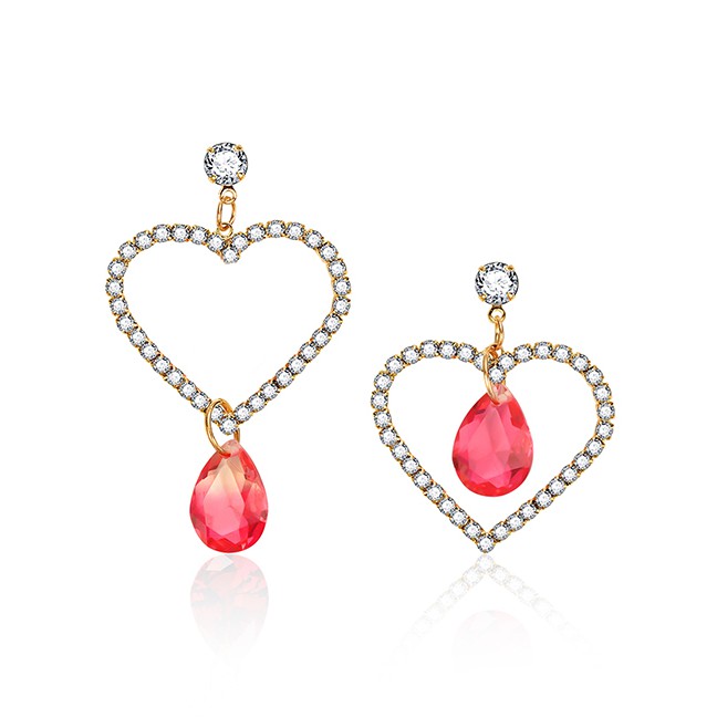 LRC Anting Tusuk Fashion Rose Red Asymmetrical Heart-shaped Diamond Drop Pendant Earrings F29750