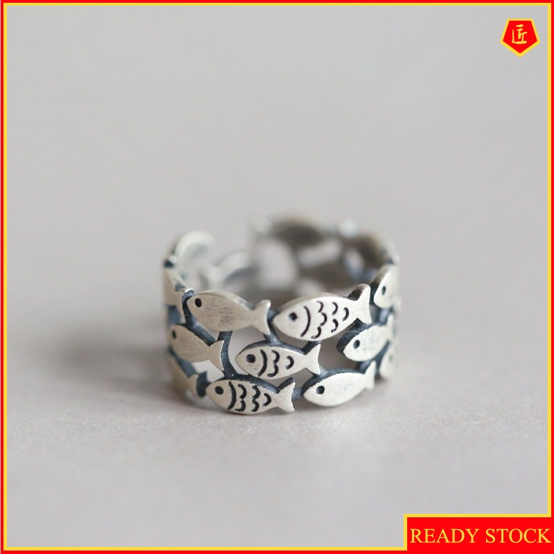 [Ready Stock]925 Silver Retro Fish Wide Ring Cute Personality