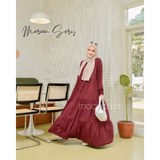 Gamis polos premium Babydoll Lady Dress Rayon Twill Full Kancing dark red maroon merah tua gelap